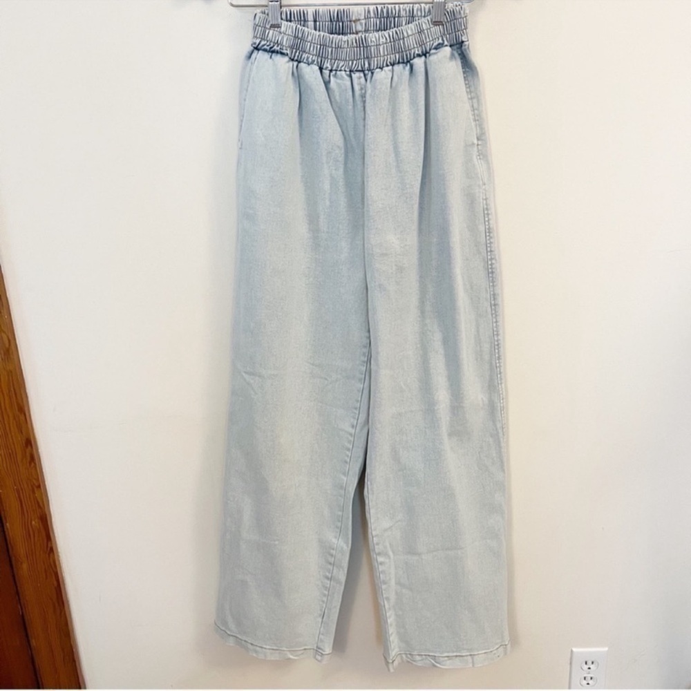 Nichole Lynel Wide Leg High Rise Elastic Waist Pull on Jeans Light Blue Small